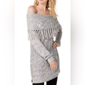 INC International Women's Fringe Long Sleeve Tunic Sweater Off Shoulder Size L
